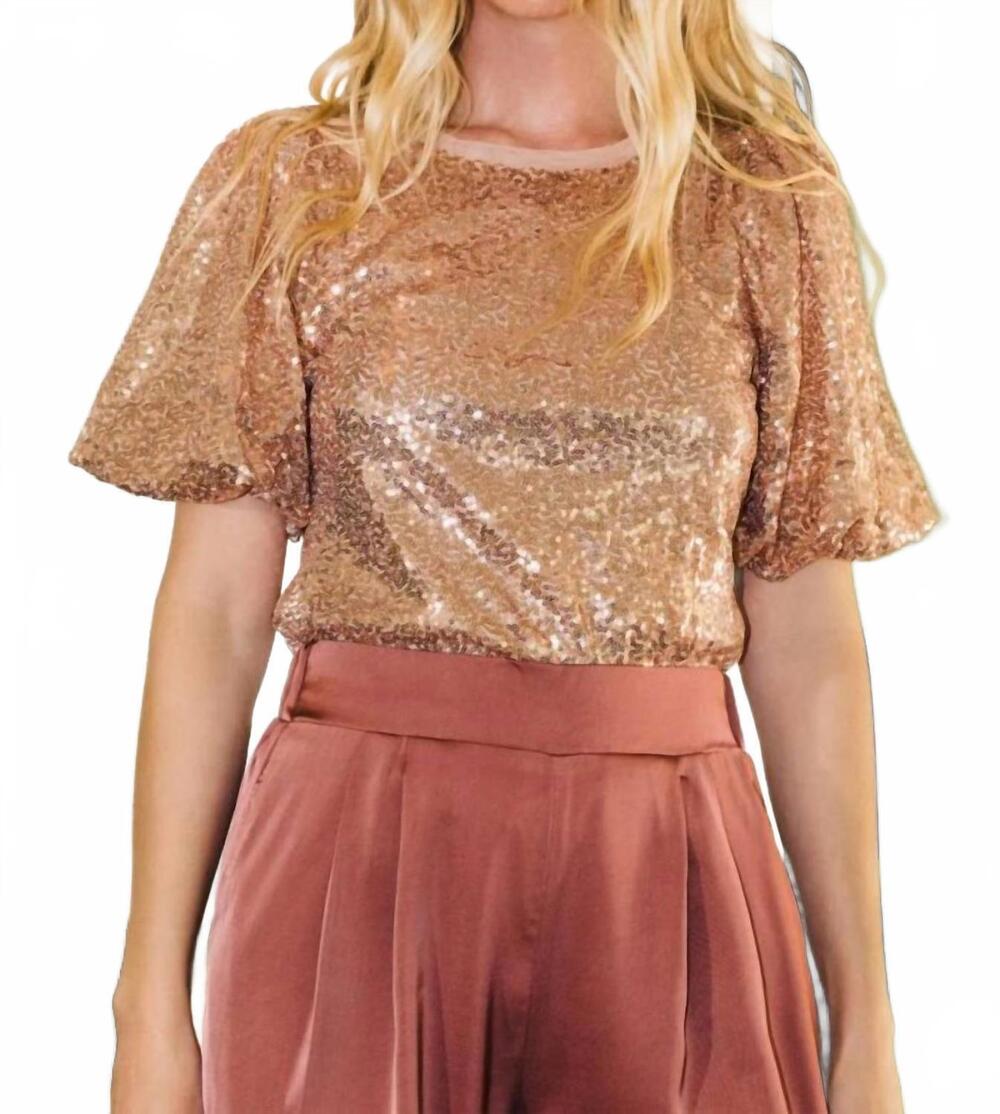 NEW ODDI izzy sequin puff short sleeve top in bronze